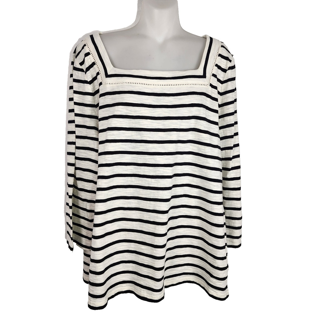 Talbots Womens Tamarind Stripe Cotton 3/4 Sleeves Square Neck Top Tee Black XL